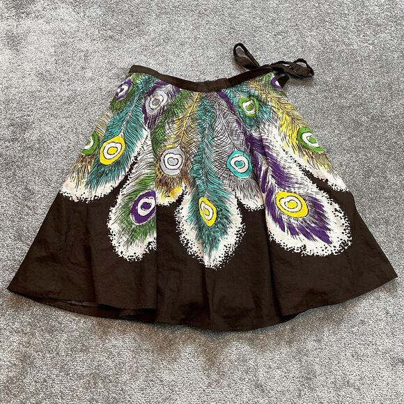 BCBGMAXAZRIA Skirt Womens Medium Brown Peacock Feather Design Tie Cotton Knee - Picture 1 of 14